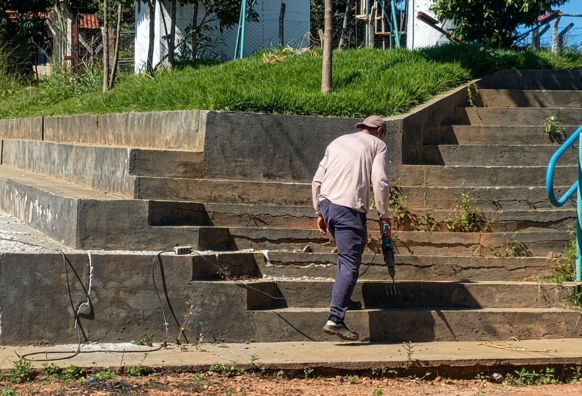 Manutenção melhora condições de arquibancada em campo no Residencial Aurora das Mansões